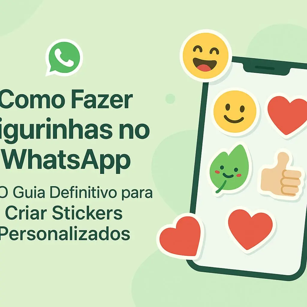 Imagem destacada do artigo com título em português: Como Fazer Figurinhas no WhatsApp – O Guia Definitivo para Criar Stickers Personalizados, com celular exibindo emojis e figurinhas coloridas.
