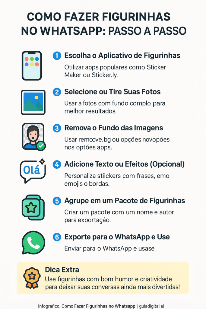 Infográfico em português mostrando passo a passo como fazer figurinhas personalizadas no WhatsApp usando aplicativos como Sticker Maker ou Sticker.ly.