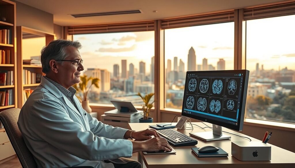 Medico em frente ao computador no escritorio