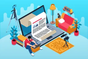 Ilustração de como usar mapas de calor para entender o comportamento do leitor em um blog, com computador, câmera, livros e elementos de escritório.