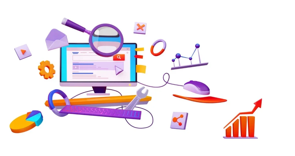 Ilustração colorida de técnicas de SEO técnico para blogs em WordPress, incluindo ferramentas, gráficos e otimizações, além do foco em palavras-chave.