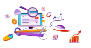 Ilustração colorida de técnicas de SEO técnico para blogs em WordPress, incluindo ferramentas, gráficos e otimizações, além do foco em palavras-chave.