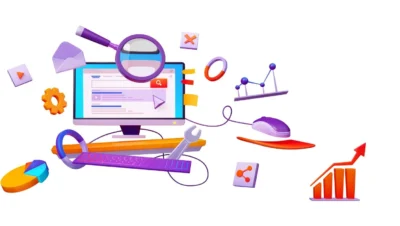 Ilustração colorida de técnicas de SEO técnico para blogs em WordPress, incluindo ferramentas, gráficos e otimizações, além do foco em palavras-chave.