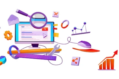 Ilustração colorida de técnicas de SEO técnico para blogs em WordPress, incluindo ferramentas, gráficos e otimizações, além do foco em palavras-chave.