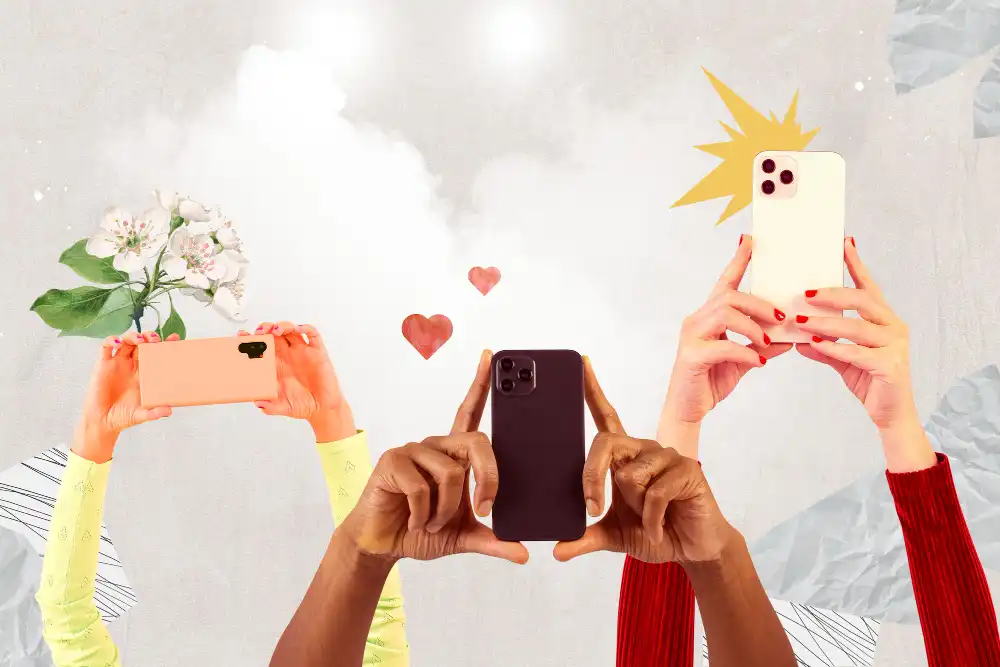 Imagem de várias pessoas segurando smartphones para tirar fotos ou vídeos, destacando o tema da queda de confiança em influenciadores na era digital.