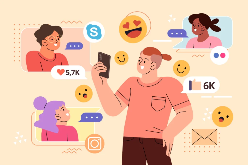 Imagem ilustrativa comparando publicidade tradicional e marketing de influência em 2025, com pessoas interagindo nas redes sociais e indicadores de engajamento.
