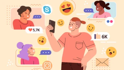 Imagem ilustrativa comparando publicidade tradicional e marketing de influência em 2025, com pessoas interagindo nas redes sociais e indicadores de engajamento.