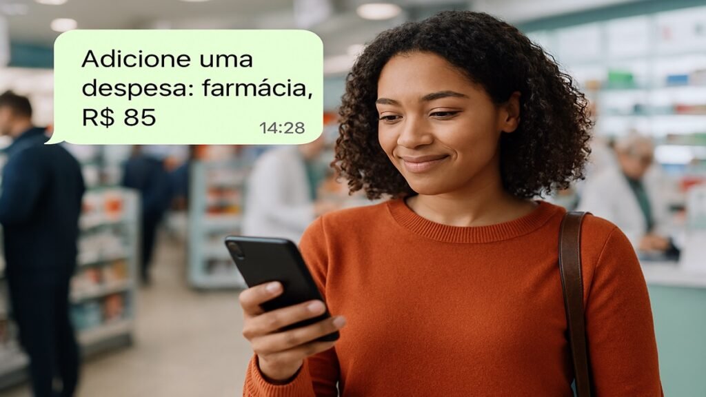 Mulher sorridente em farmácia adicionando despesa de R$ 85 no celular