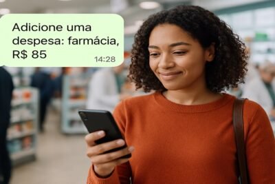 Mulher sorridente em farmácia adicionando despesa de R$ 85 no celular