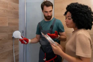 Homem e mulher discutindo detalhes de acabamentos e instalações em uma obra, destacando a importância dos detalhes que fazem a diferença na construção.