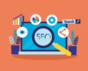 Ilustração representando estratégias de SEO para negócios locais em 2025, incluindo gráficos, lupa, palavras-chave e elementos de análise digital.