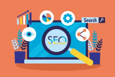 Ilustração representando estratégias de SEO para negócios locais em 2025, incluindo gráficos, lupa, palavras-chave e elementos de análise digital.