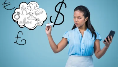 Imagem de uma mulher pensativa com o telefone na mão, analisa o conflito entre consumo consciente e compras por impulso, representado por símbolos de dinheiro e desejos.