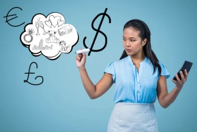 Imagem de uma mulher pensativa com o telefone na mão, analisa o conflito entre consumo consciente e compras por impulso, representado por símbolos de dinheiro e desejos.