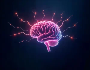 Imagem de cérebro com conexões energizadas, representando a neurociência no ponto de venda relacionada às cores, sons e cheiros que influenciam a decisão de compra.