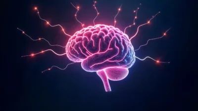 Imagem de cérebro com conexões energizadas, representando a neurociência no ponto de venda relacionada às cores, sons e cheiros que influenciam a decisão de compra.