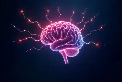 Imagem de cérebro com conexões energizadas, representando a neurociência no ponto de venda relacionada às cores, sons e cheiros que influenciam a decisão de compra.