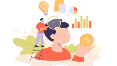 Ilustração representando a psicologia do consumidor, com uma pessoa pensando em compras, dinheiro, gráficos e influências que moldam o comportamento de compra.