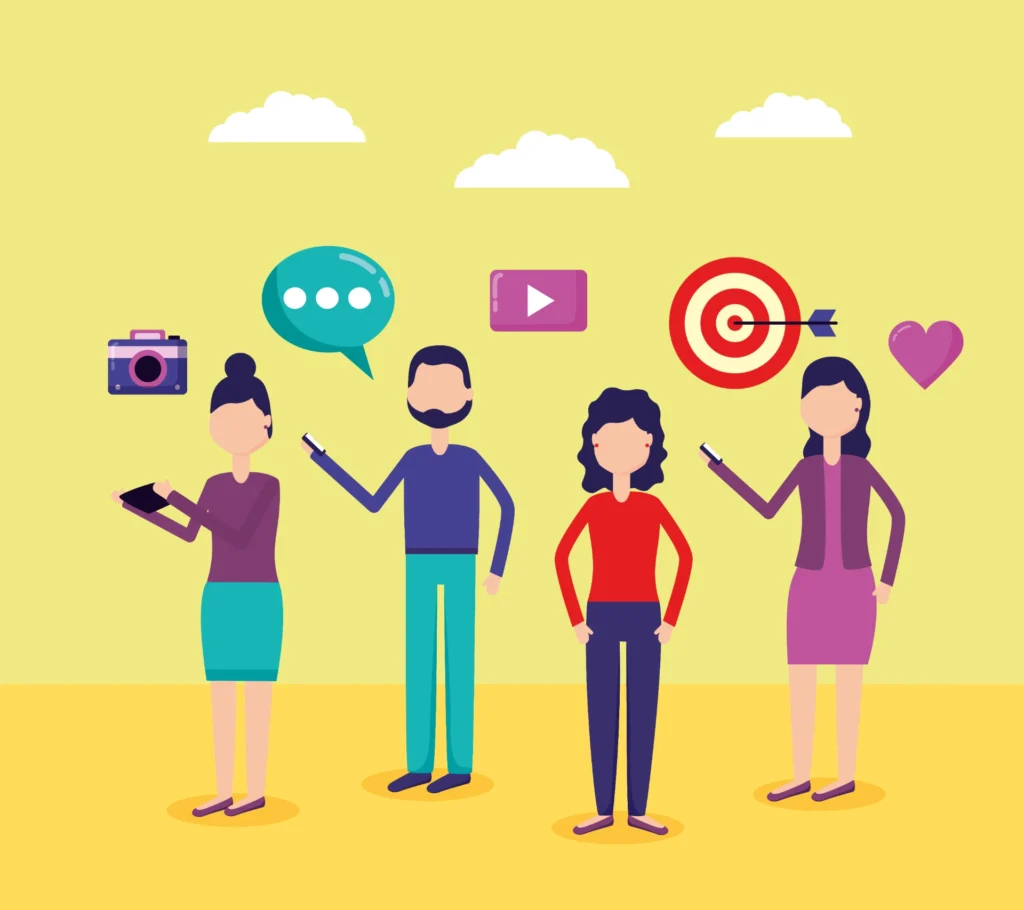 Ilustração de pessoas colaborando na criação de conteúdo digital, incluindo elementos como câmera, smartphone, ícone de vídeo, alvo, coração e conversas, representando o poder do conteúdo colaborativo entre marcas.