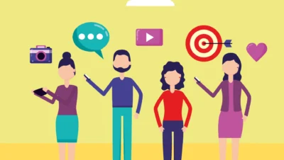 Ilustração de pessoas colaborando na criação de conteúdo digital, incluindo elementos como câmera, smartphone, ícone de vídeo, alvo, coração e conversas, representando o poder do conteúdo colaborativo entre marcas.