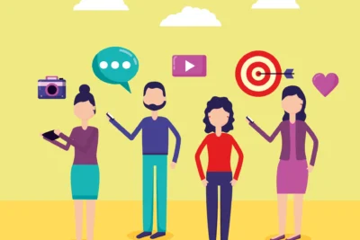 Ilustração de pessoas colaborando na criação de conteúdo digital, incluindo elementos como câmera, smartphone, ícone de vídeo, alvo, coração e conversas, representando o poder do conteúdo colaborativo entre marcas.