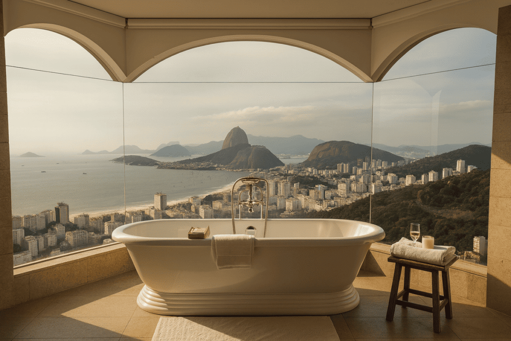Imagem de um banheiro de luxo com vista para o Pão de Açúcar, ilustrando a venda de banheiras no Rio de Janeiro.