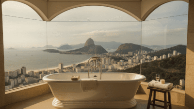 Imagem de um banheiro de luxo com vista para o Pão de Açúcar, ilustrando a venda de banheiras no Rio de Janeiro.