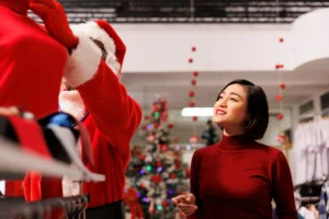Mulher satisfeita na loja durante o Natal, analisando opções de presentes de Natal enquanto um atendente disfarçado de Papai Noel mostra produtos, ilustrando erros na experiência do cliente no Natal.