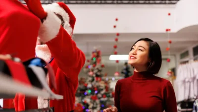Mulher satisfeita na loja durante o Natal, analisando opções de presentes de Natal enquanto um atendente disfarçado de Papai Noel mostra produtos, ilustrando erros na experiência do cliente no Natal.