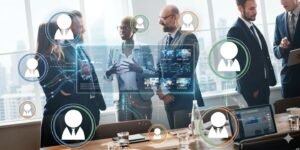 Equipe corporativa em reunião para analisar indicadores de RH e desempenho de colaboradores