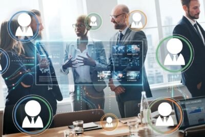 Equipe corporativa em reunião para analisar indicadores de RH e desempenho de colaboradores