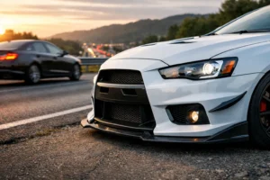 Parachoque esportivo de alta qualidade instalado em carro moderno, destacando segurança, resistência e design automotivo em rodovia durante o pôr do sol