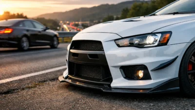 Parachoque esportivo de alta qualidade instalado em carro moderno, destacando segurança, resistência e design automotivo em rodovia durante o pôr do sol