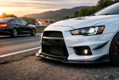 Parachoque esportivo de alta qualidade instalado em carro moderno, destacando segurança, resistência e design automotivo em rodovia durante o pôr do sol