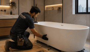 Instalação de banheira em banheiro moderno, com profissional ajustando estrutura hidráulica.