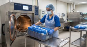 Profissional retira materiais embalados da autoclave durante rotina de esterilização na CME hospital