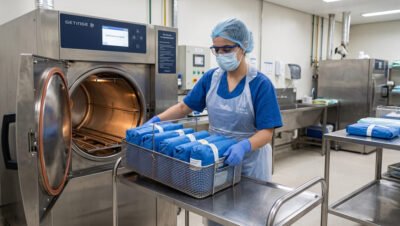 Profissional retira materiais embalados da autoclave durante rotina de esterilização na CME hospital