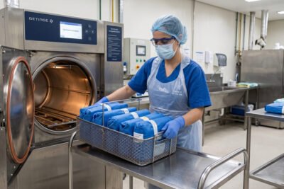 Profissional retira materiais embalados da autoclave durante rotina de esterilização na CME hospital
