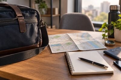 Bolsa, mapa e caderno para planejamento de atividades; imagem ilustrativa de investigação particular